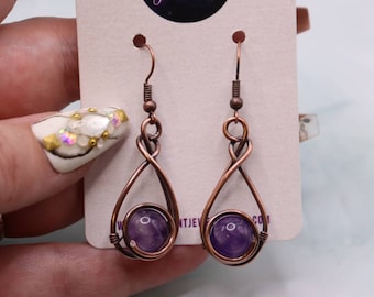 Amethyst Earrings - Copper Wire Wrapped Amethyst Earrings - Elegant Swirl - Bulky Statement Earrings - Amethyst gift