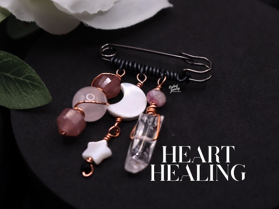 Chakra Heart Healing - Rose & Strawberry Quartz Pink Tourmaline Wire Wrapped Safety Pin Broach