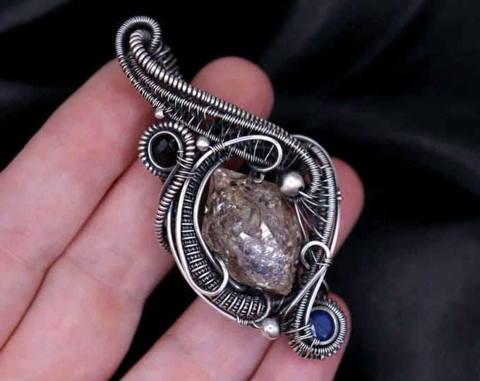 Intricate Sterling Silver Heady Style Wire Wrap- Herkimer Diamond Black Opal and Black Onyx Crystals- Dark Gun Metal Silver Swirls and Coils
