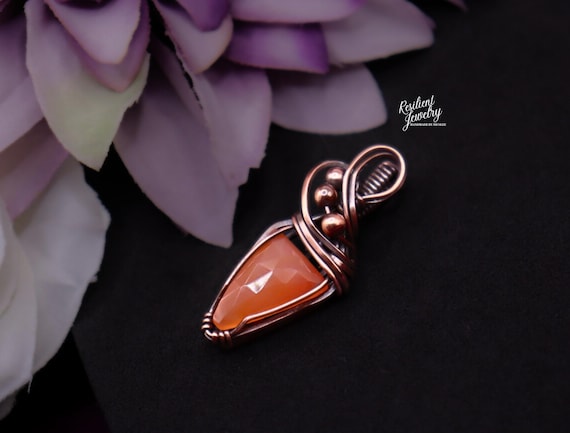 Carnelian Copper Wire Wrapped Pendant - Orange Crystal Necklace - Sacral Chakra
