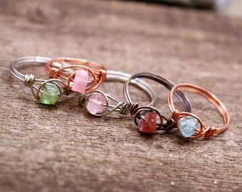 Raw Tourmaline Wire Rings - Pink Tourmaline- Multi Color- Sterling Silver - 14k Gold - Raw Crystal Ring