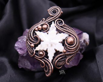 Large Druzy Agate Snowflake Copper Necklace - Handmade Wire Wrapped Crystal
