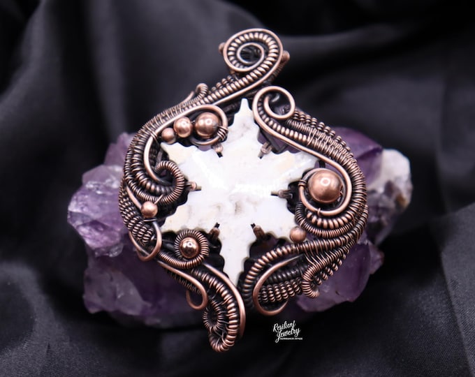 Large Druzy Agate Snowflake Copper Necklace - Handmade Wire Wrapped Crystal