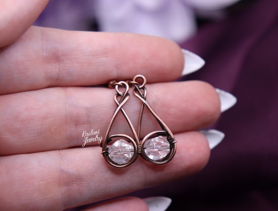Copper Wire Wrapped Clear Quartz Earrings – Handmade Dangle Jewelry