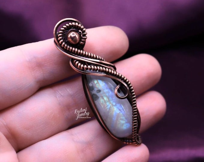 Rainbow Moonstone Copper Wire Wrapped Pendant-