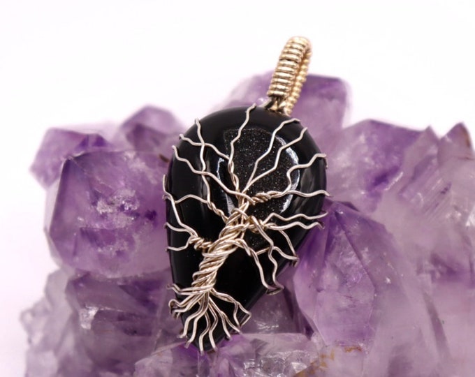 Black Crystal Tree of Life- Agate Druzy Sterling Silver And 14k Yellow Gold Filled Pendant