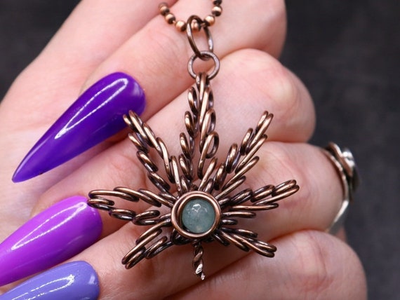 Crystal Pot Leaf Pendant - Wire Wrapped Copper Marijuana Leaf Jewelry