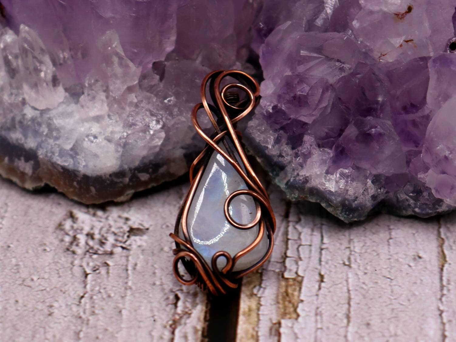 Rainbow Moonstone Copper Pendant- Simple Wire Wrapped Pendant made