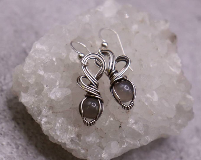 Gray Moonstone Wire Wrapped Earrings- Gun Metal Sterling Silver - Antiqued Silver Earrings