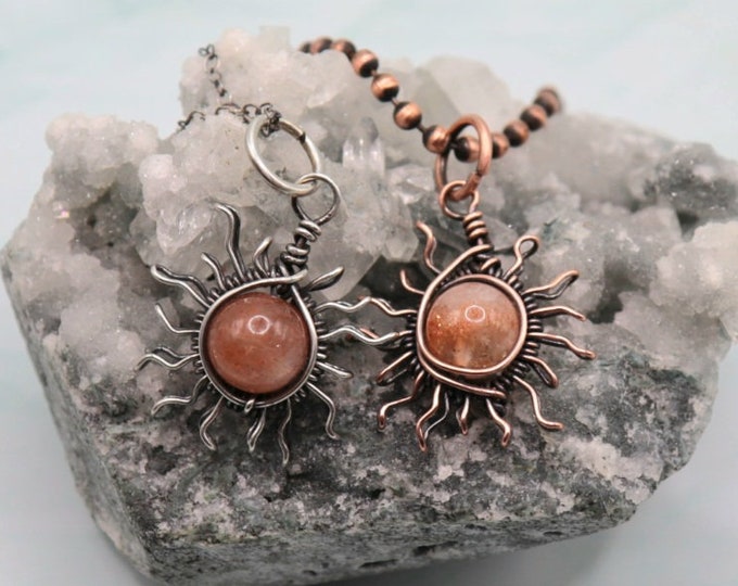 Mini Sunstone Sun Necklaces - Copper or Sterling Silver Sun Jewelry Sun Rays with Glittery Sunstone Crystals