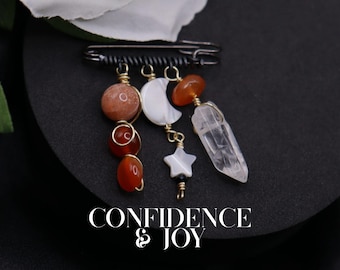 Confidence & Joy-  Sunstone Carnelian Crystal Charm Safety Pins - Gemstone Wire Wrapped Dangling Broach for Sweaters