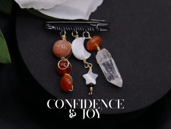 Sunstone Carnelian Crystal Charm Pin – Quartz & MOP, Wire Wrapped Brooch