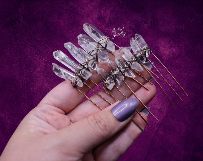 Mystical Quartz Hair Comb-  Small & Large Clear Quartz Points - Copper Wire Wrapped Hair Accessory