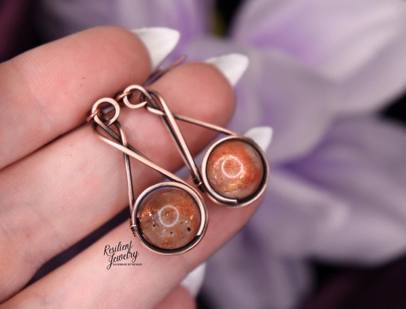 Sunstone Dangle Earrings – Antique Copper Wire Wrapped Jewelry