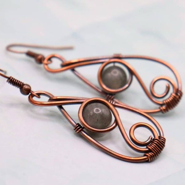 Labradorite Earrings - Copper Wire Wrapped Earrings- Elegant Swirl - Statement Earrings - Crystal Gift - Blue Labradorite Gold Flash Lab