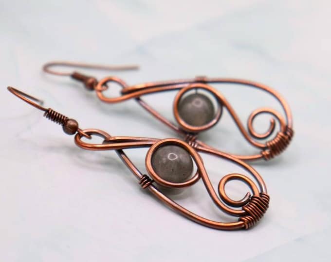 Labradorite Earrings - Copper Wire Wrapped Earrings- Elegant Swirl - Statement Earrings - Crystal Gift - Blue Labradorite Gold Flash Lab