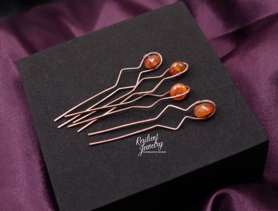 Carnelian Copper Wire Wrapped Hair Pins- Natural Orange Crystal Bobby Pins