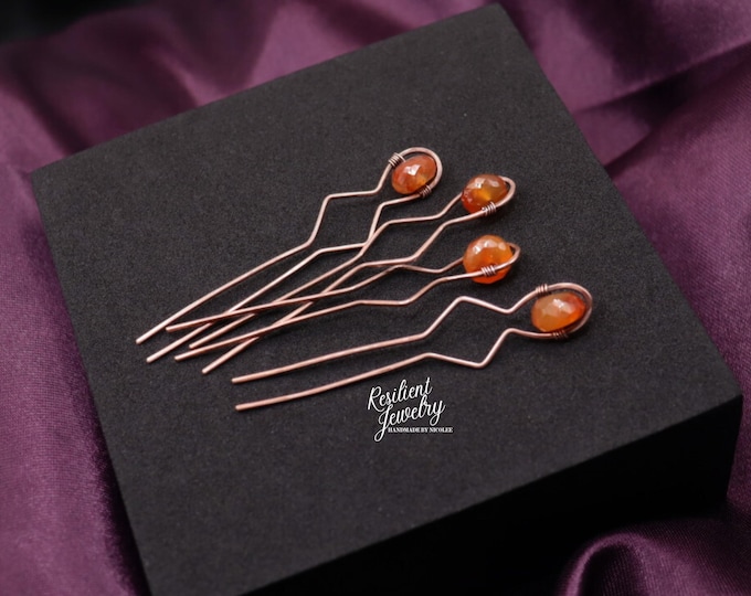 Carnelian Copper Wire Wrapped Hair Pins- Natural Orange Crystal Bobby Pins