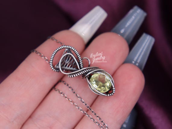 Citrine Sterling Silver Necklace: Wire Wrapped Crystal Pendant