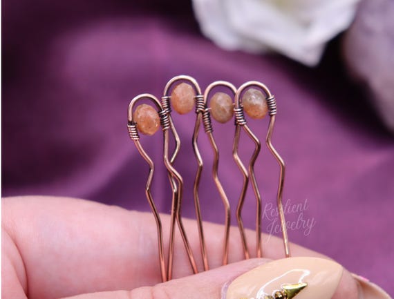 Handmade Copper Sunstone Hair Pins - Crystal Hair Jewelry