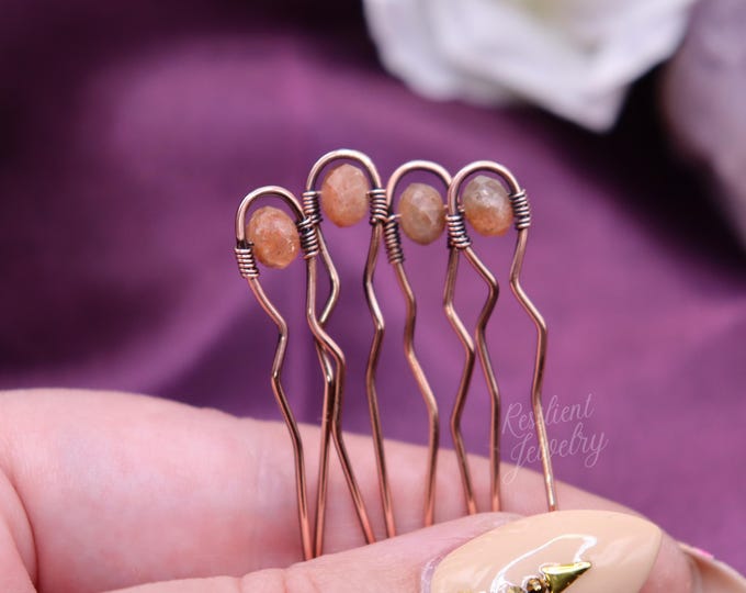 Cute Mini Sunstone Copper Hair Pins - Hair Up Do Accessories- Wire Wrapped Crystal Hair Jewelry