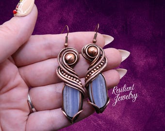 XL Blue Lace Agate Wire Wrapped Crystal Earrings- Copper Boho Earrings for Special Occasions - Light Blue Crystal Dangling Earrings-