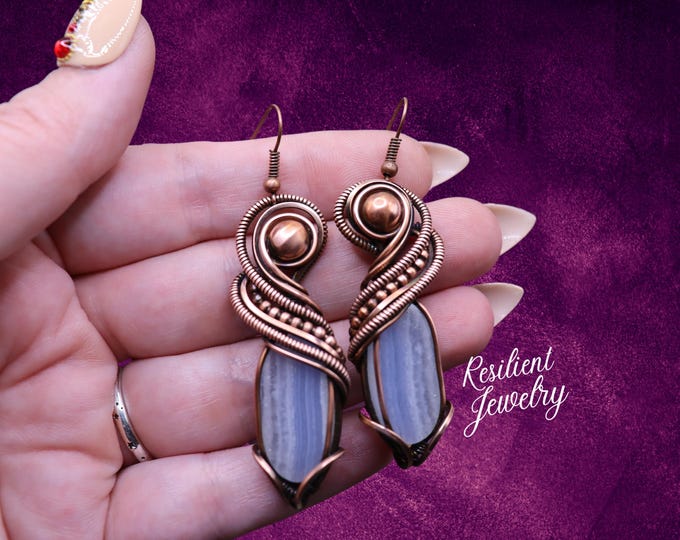 XL Blue Lace Agate Wire Wrapped Crystal Earrings- Copper Boho Earrings for Special Occasions - Light Blue Crystal Dangling Earrings-