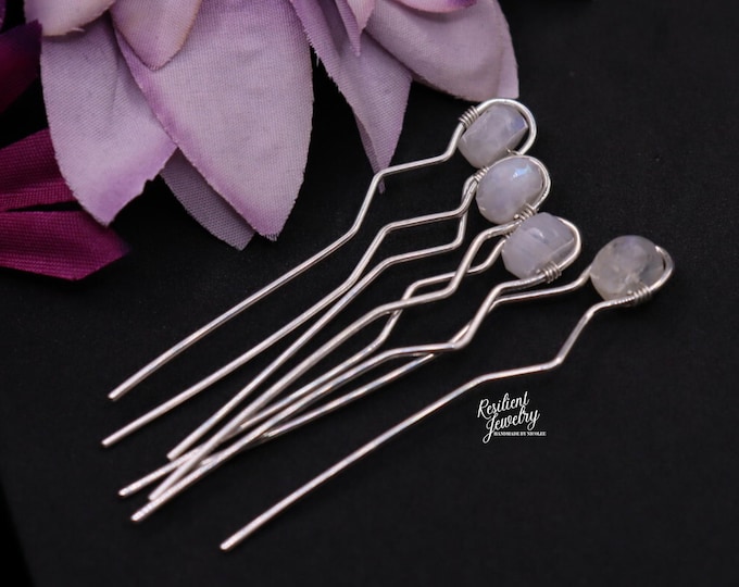 Mini Sterling Silver Moonstone Hairpins - Gemstone Hair Jewelry for Up dos and Hair Twists - Silver Wire Bobby Pins with Crystals -