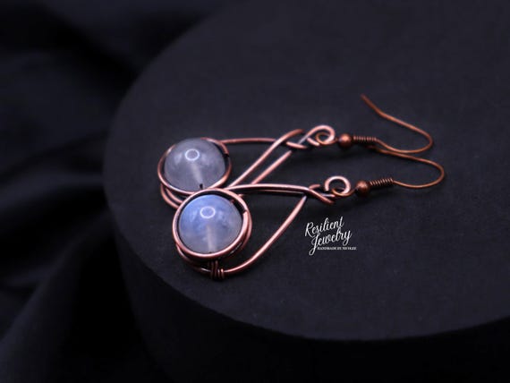 Blue Moonstone Teardrop Earrings - Wire Wrapped Minimalist Jewelry