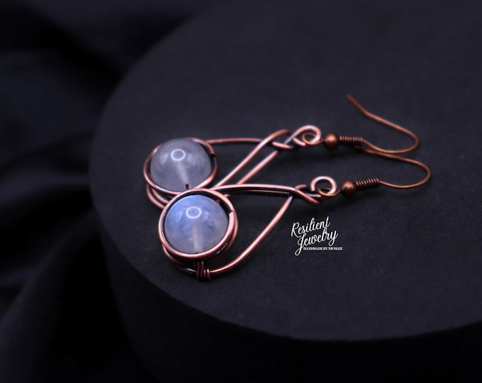 Blue Moonstone Teardrop Earrings - Wire Wrapped Minimalist Jewelry