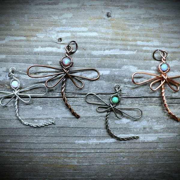 SMALL Colorful Opal Dragonfly Necklace in Silver or Copper