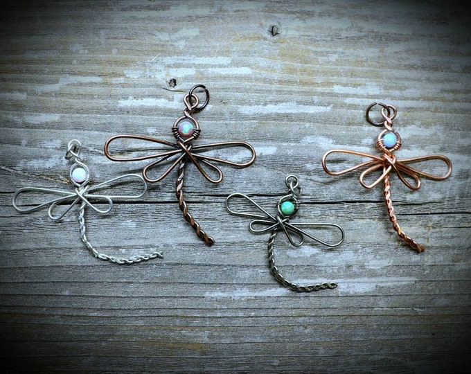 SMALL Colorful Opal Dragonfly Necklace in Silver or Copper