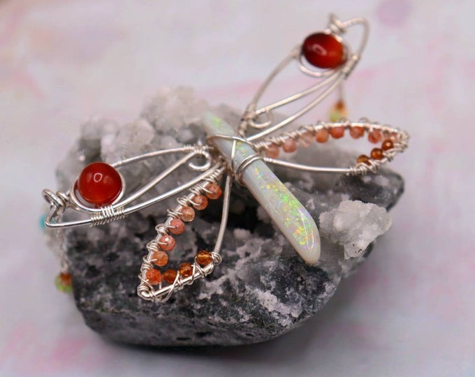 Beautiful Opal Dragonfly Necklace with Carnelian Sunstone & Hessonite Garnet Wings - Dragonfly Jewelry - Summer Accessories- Rainbow Opal