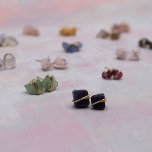 Crystal Chip Stud Earrings- Wire Wrapped Earrings - Small Crystal Earring Studs - Silver Copper Gold Bronze Customized Jewelry- Multi Colors