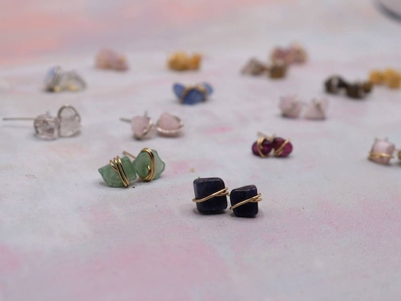 Wire Wrapped Crystal Chip Stud Earrings – Handmade Gemstone Jewelry