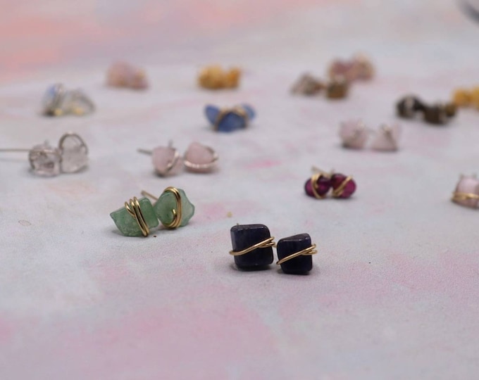 Crystal Chip Stud Earrings- Wire Wrapped Earrings - Small Crystal Earring Studs - Silver Copper Gold Bronze Customized Jewelry- Multi Colors