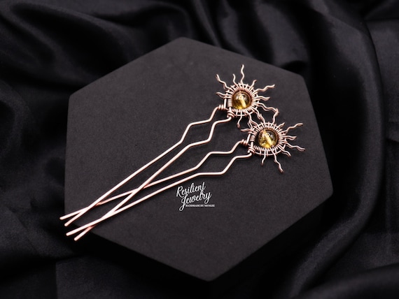 Citrine Sun Copper Hair Pin - Celestial  Hair Fork