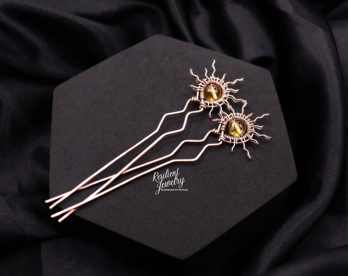 Citrine Sun Copper Hair Pin - Celestial  Hair Fork
