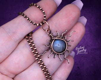 Labradorite Sun Necklace- Super Cute Color Changing Crystal Wire Wrapped as a Sun with Rays in  Antique Copper