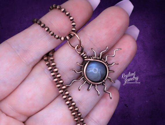 Labradorite Sun Necklace: Antique Copper Wire Wrapped Crystal Pendant
