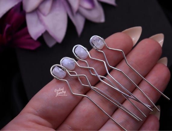 Sterling Silver Moonstone Hairpins: Crystal Hair Jewelry