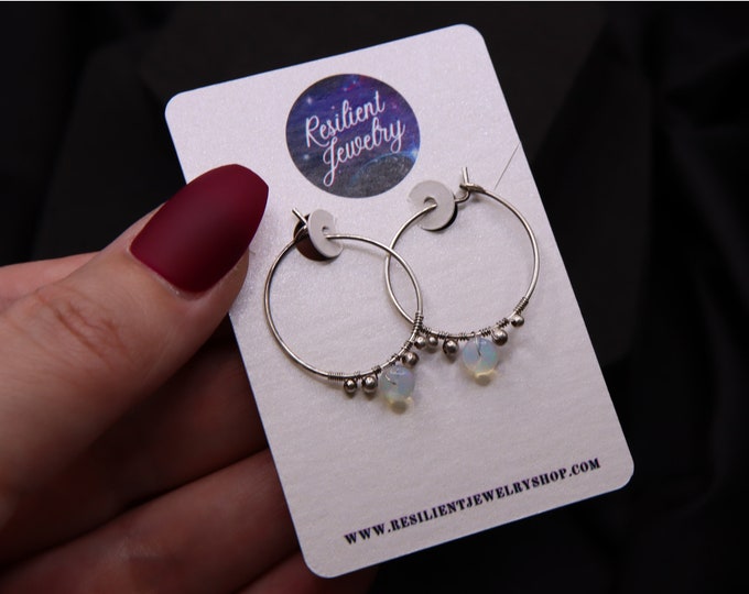 Opal Sterling Silver Hoop Earrings - 1 Inch - Handmade Gemstone Jewelry