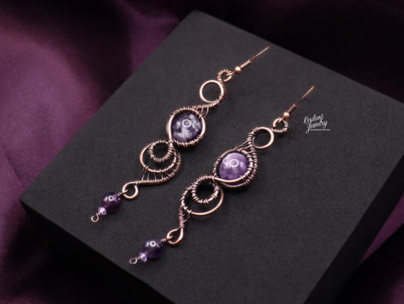 Bold XL Amethyst Copper Earrings Lightweight Wire Wrapped 4 inch Earrings