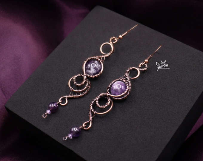 Bold XL Amethyst Copper Earrings Lightweight Wire Wrapped 4 inch Earrings