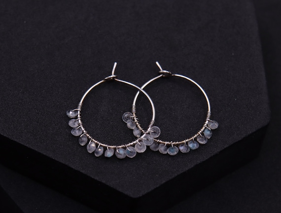Sterling Silver Labradorite Hoop Earrings – Gray Gemstone, Blue Flash