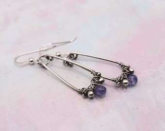 Tanzanite Teardrop Earrings- Sterling Silver Wire Wrapprd Earrings- Tanzanite Jewelry - Sleek Long Dangling Crystal Earrings Antique Silver