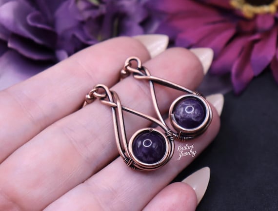 Copper Wire Wrapped Amethyst Earrings – Handmade Crystal Jewelry