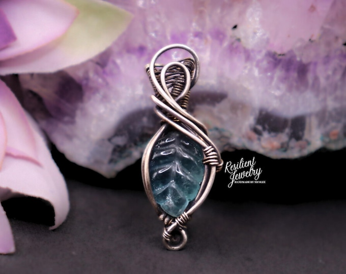 Teal Fluorite Leaf Sterling Silver Pendant – Handmade Crystal Necklace