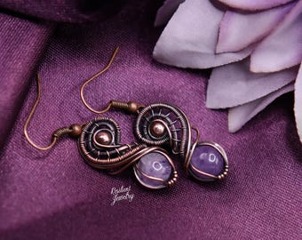 Fluorite Copper Wire Wrapped Earrings- Made to Order Cute Copper Earrings- Purple Fluorite Crystal Jewelry
