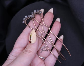 Large Copper Labradorite Copper Hair Pins- Crystal Wire Wrapped Bun Pins- Gemstone Hair Sticks- U pins for Buns
